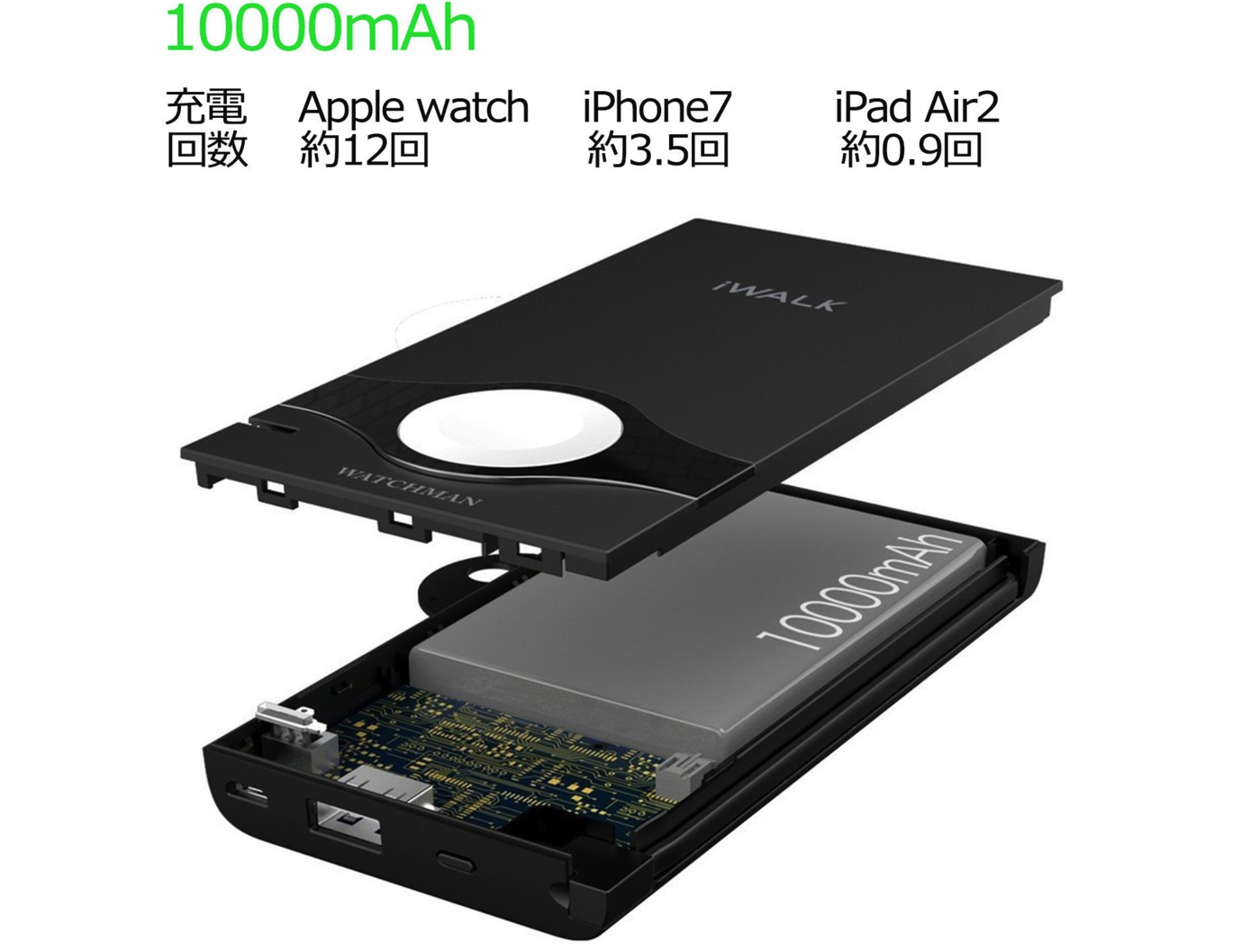 ライトニング(Lightning)ケーブル内蔵 iPhone/Apple Watch同時充電可能な大容量10000mAhのモバイルバッテリー-6